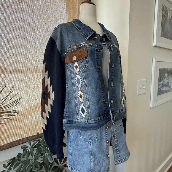 Scully Denim Jacket 2XL Aztec Embroidered Knit Sleeve Western Boho Stretch - Picture 8 of 12